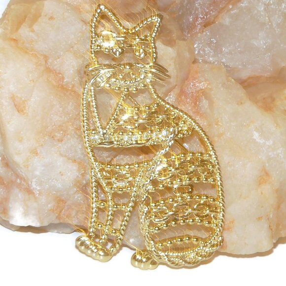Large AJC Gold Tone Metal Kitty Cat Brooch - Picture 4 of 6